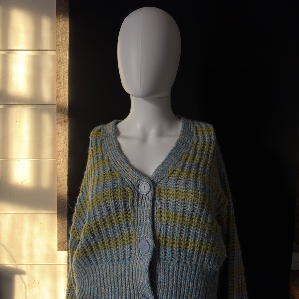 Striped V-Neck Button Cardigan in Light Blue and Olive